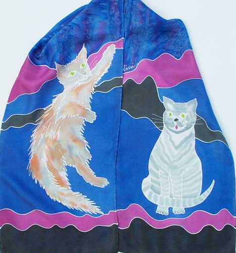 cats on blue with magenta & black on silk