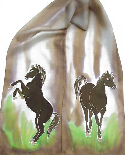 dark horses in grass on brown & white silk