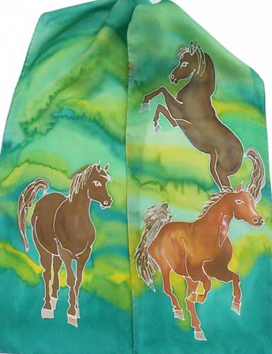 horses on blue/green/yellow silk