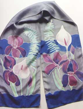 iris & calla lillies  on silk