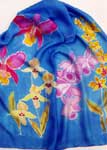 mixed orchids on blue silk scarf